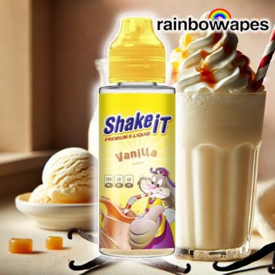 Vanilla Milkshake Shortfill E-Liquid By Shake It 100ml on background of vanilla and milkshake