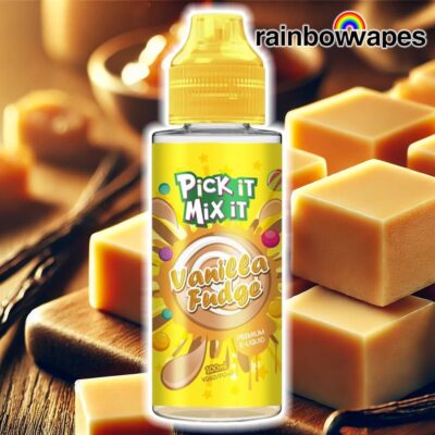 Vanilla Fudge Shortfill E-Liquid By Pick It Mix It 100ml on a background of vanilla pods and fudge