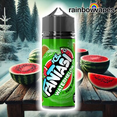 Watermelon Ice Shortfill E-Liquid By Fantasi (ICE) 100ml on background of watermelon in a winter forest