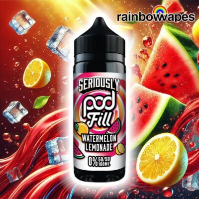 Watermelon Lemonade Shortfill E-Liquid (Pod Fill) By Doozy 100ml on background of lemonade and watermelons splashing