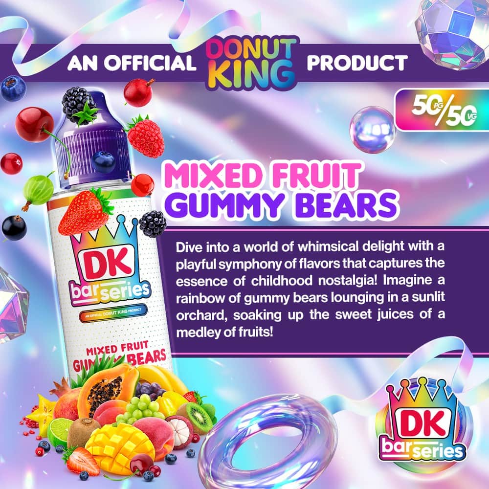 Mixed Fruit Gummy Bears Bar Series Shortfill E-Liquid By Donut King 100ml £4.89 2 mixed fruit gummy bears shortfill e-liquid by donut king bar series 100ml