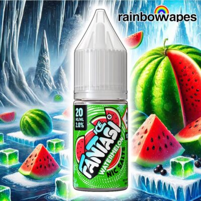Watermelon Ice Salt E-Liquid By Fantasi 10ml on background of icy watermelons