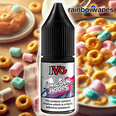 Unicorn Hoops 50/50 E-Liquid By IVG 10ml on background of cereal hoops milk and marshmallow