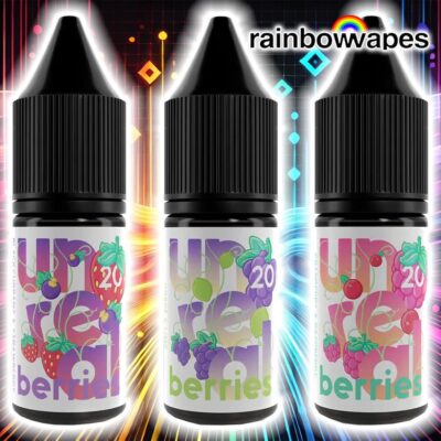 Unreal Berries Salt E-liquid 10ml on a rainbow patterned background