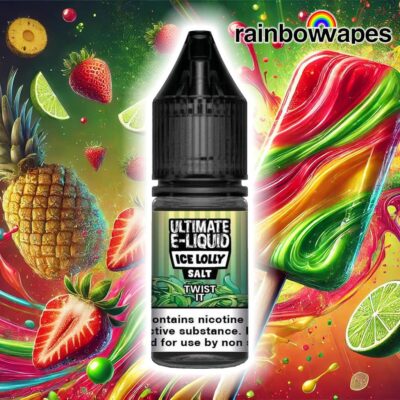 Twist It Ice Lolly Salt E-Liquid By Ultimate Juice 10ml on background of vibrant fruits and lolly