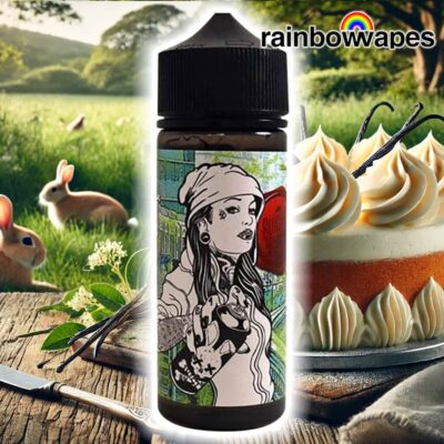 Wanderlust Shortfill E-Liquid By Suicide Bunny 100ml on background of vanilla sponge cake in meadow with rabbits