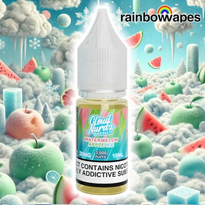 Watermelon Apple Ice Salt E-liquid By Cloud Nurdz 10ml on background of fruits and ice in clouds