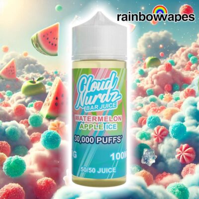Watermelon Apple Ice Shortfill E-liquid by Cloud Nurdz 100ml on background of candy in clouds