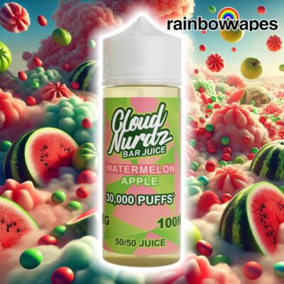 Watermelon Apple Shortfill E-liquid by Cloud Nurdz 100ml on background of watermelons and apples in clouds