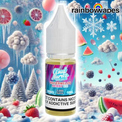 Watermelon Berry Ice Salt E-liquid By Cloud Nurdz 10ml on background of fruits and ice