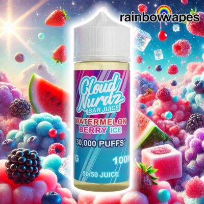Watermelon Berry Ice Shortfill E-liquid by Cloud Nurdz 100ml on background of watermelons mixed berries and ice in clouds