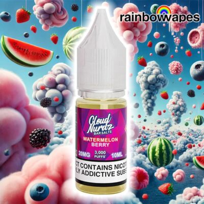 Watermelon Berry Salt E-liquid By Cloud Nurdz 10ml on background of fruits in clouds