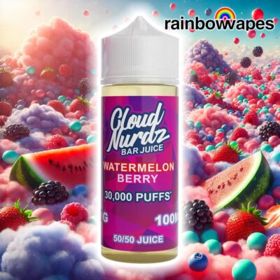 Watermelon Berry Shortfill E-liquid by Cloud Nurdz 100ml on background of mixed berries and watermelons in clouds