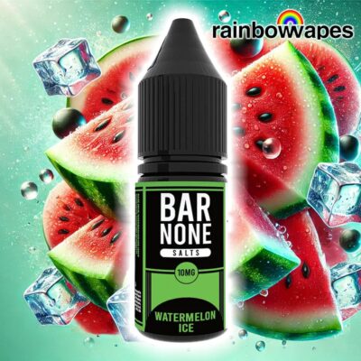 Watermelon Ice Salt E-liquid By Bar None 10ml on background of watermelons and ice