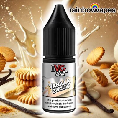 Vanilla Biscuit Salt E-liquid By IVG 10ml on background of biscuits milk and vanilla pods