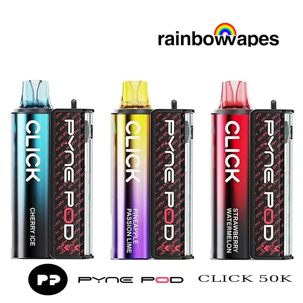 Pyne Pod Click 50K Prefilled Pod Vape Kit Β£9.99 1 PYNE POD CLICK 50K PREFILLED POD KITS X3 WITH rAINBOWVAPES AND pYNE pOD LOGOS