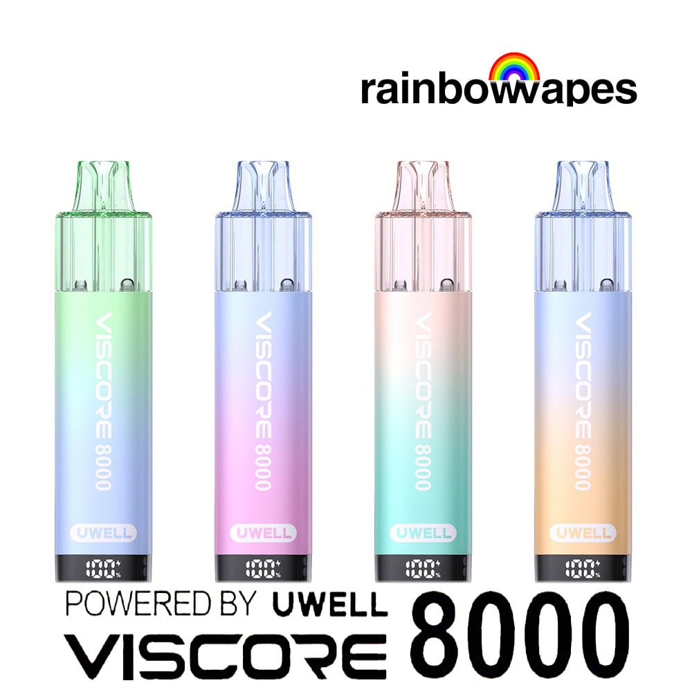 Uwell Viscore 8000 Prefilled Pod Kit Β£8.99 1 Uwell Viscore 8000 Prefilled Pod Kit on background of rainbowvapes and uwell viscore logo