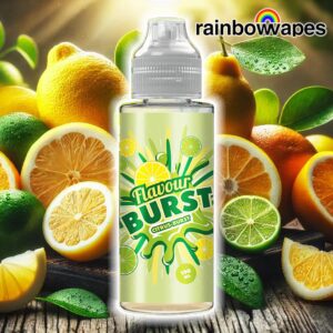 Citrus Shortfill E-Liquid By Flavour Burst 100ml on background of lemon limes and citrus fruits