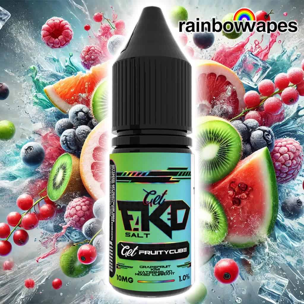Get Fruitycube Salt E-liquid By Get Faked 10ml on background of mixed fruits and ice