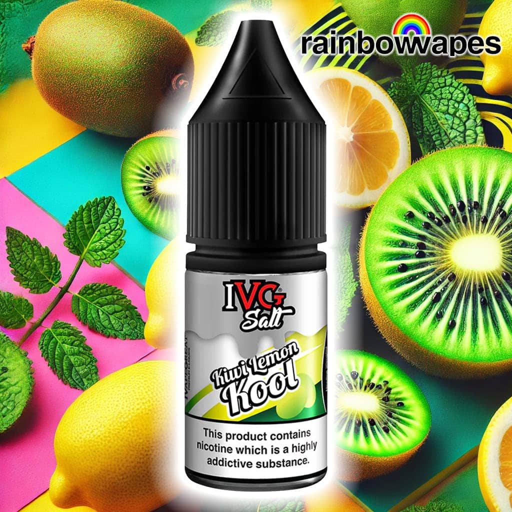 Kiwi Lemon Kool Salt E-liquid By IVG 10ml on background of fruits and menthol