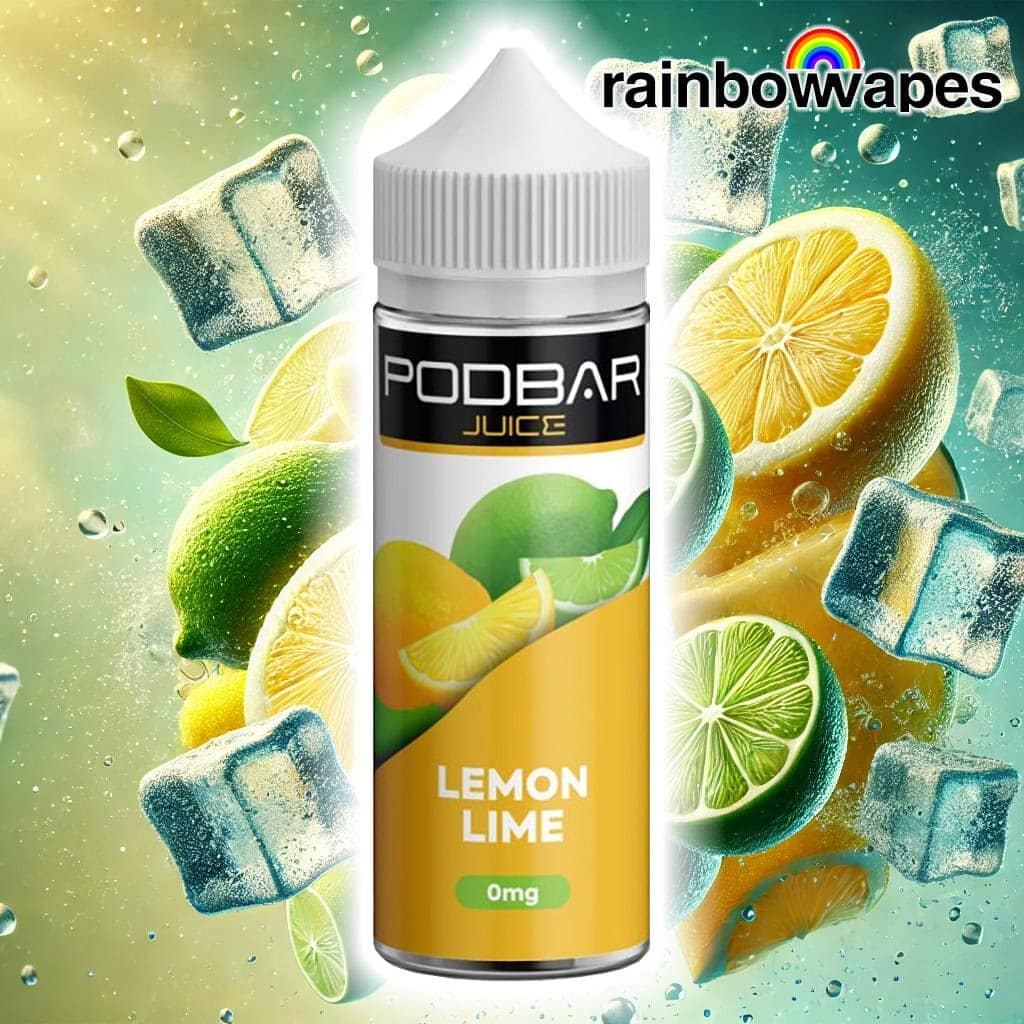 Lemon Lime Podbar Juice Shortfill E-Liquid By Kingston 100ml on background of fruits and ice