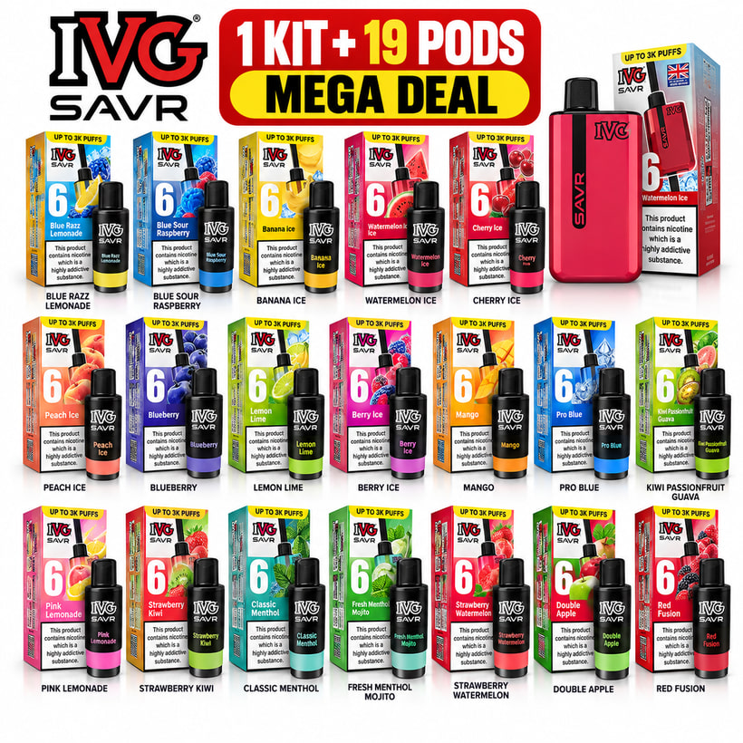 IVG SAVR Mega Deal Prefilled Pod Vape Kit + 19 Flavour Refills