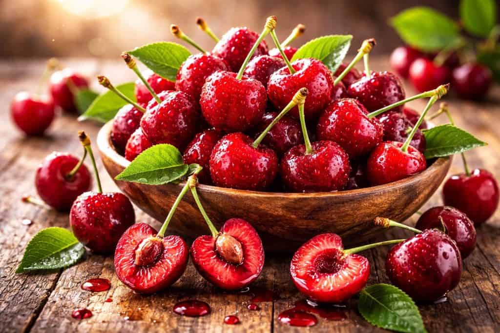 Bowl of ripe red cherries with split cherries showing juicy centres, representing cherry flavoured e-liquid.