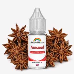 Rainbow Flavours Aniseed Flavour Concentrate bottle with star anise pods arranged around it on a clean studio background.